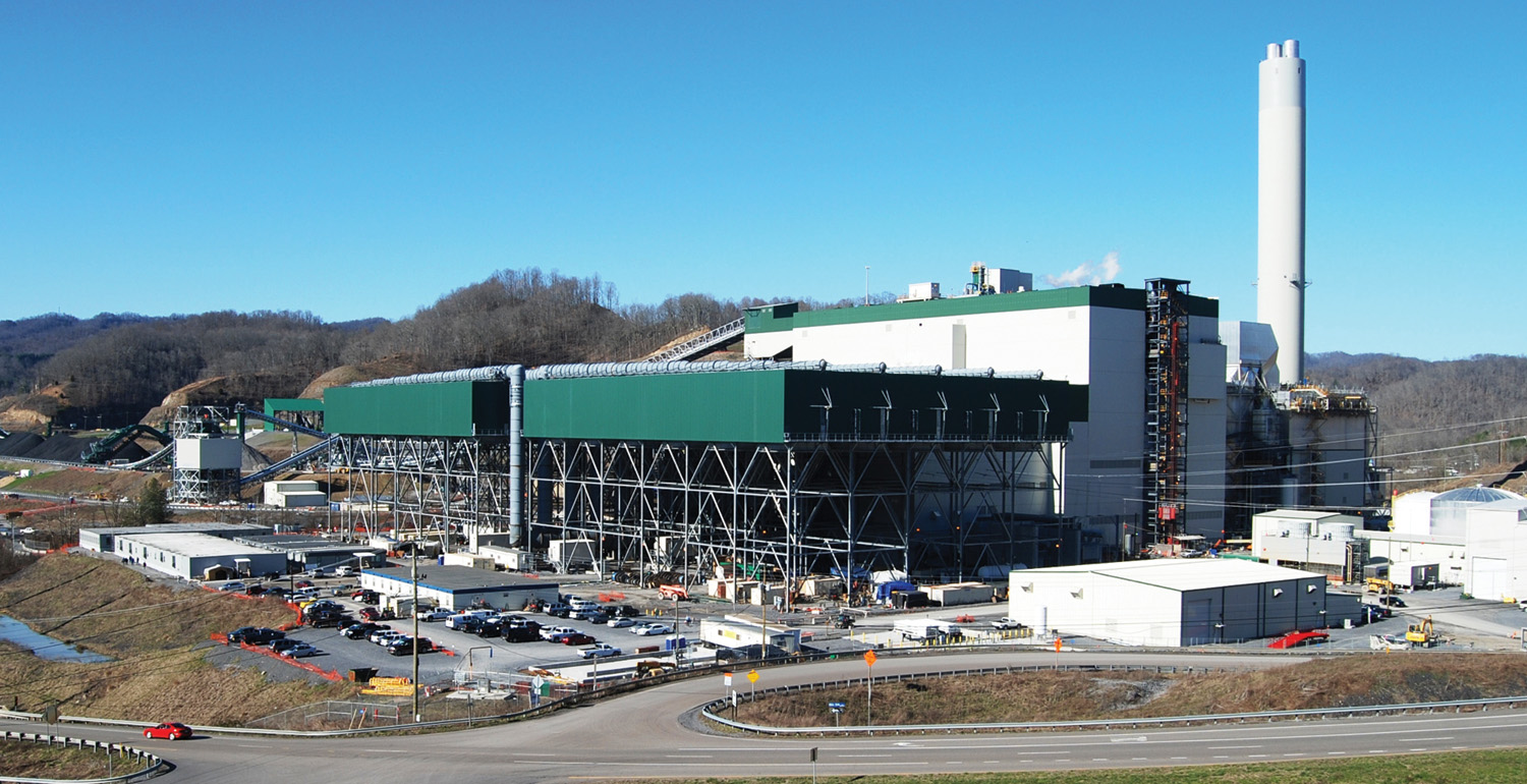 One of very few coal-fired power plants commissioned in recent years, the Virginia City Hybrid Energy Center uses air-cooled condensers (the green-topped structures) to reduce water consumption to one-tenth that of a comparable coal-fired plant.
